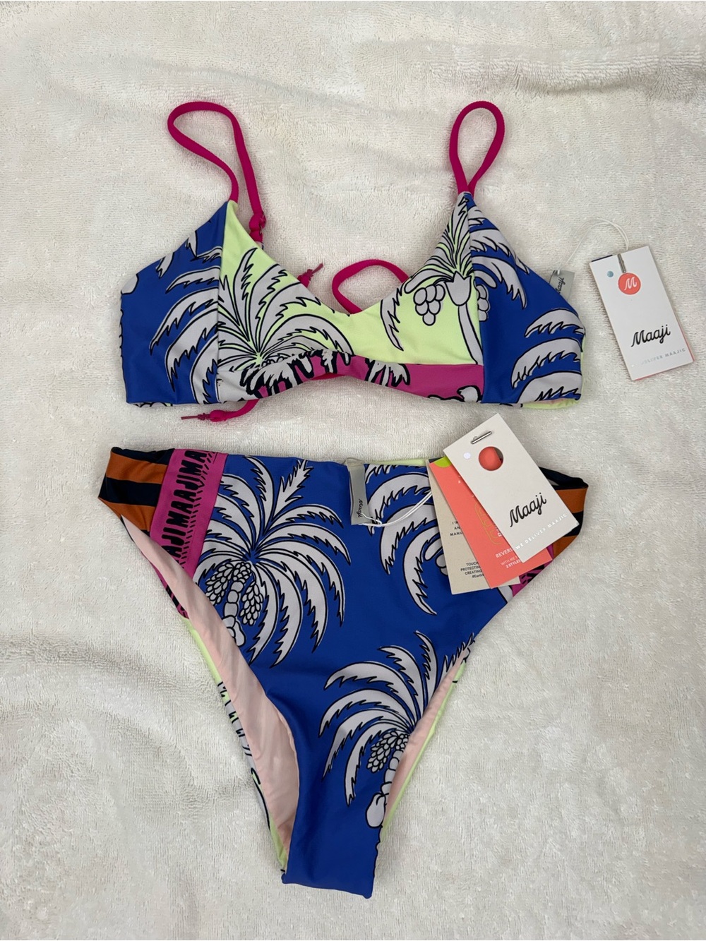 Maaji Blue Palm Print Bikini with Pink Straps